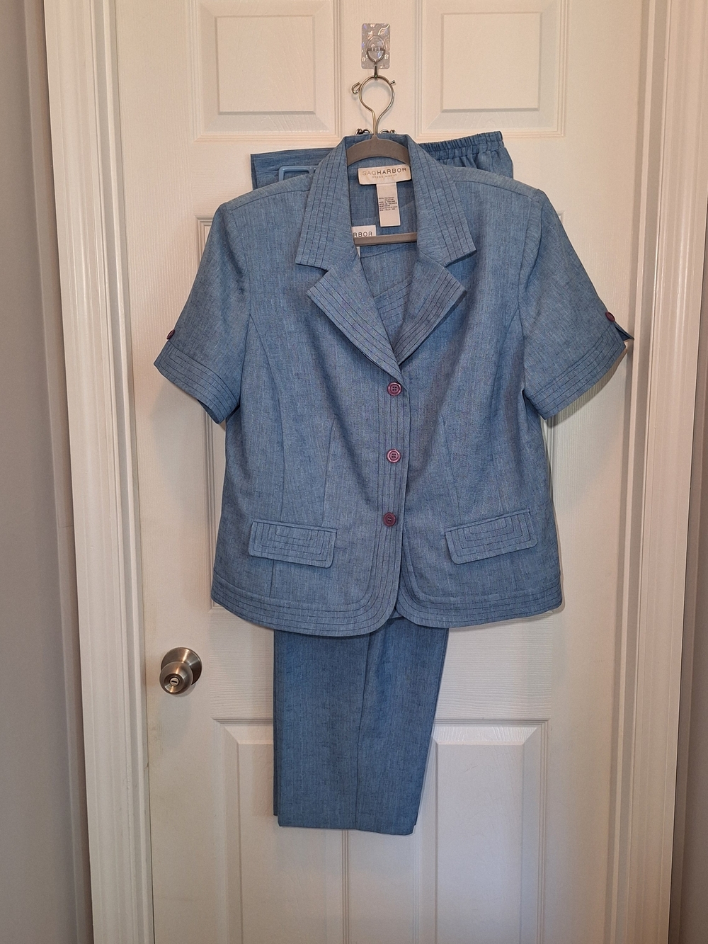 Sag Harbor Vintage Light Blue Short-Sleeve Three-Piece Pantsuit